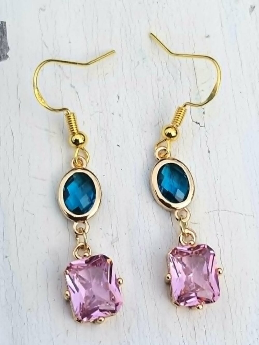 14k Gold Pink Tourmaline & Blue Topaz Dangle Earrings, Pink & Blue Earrings